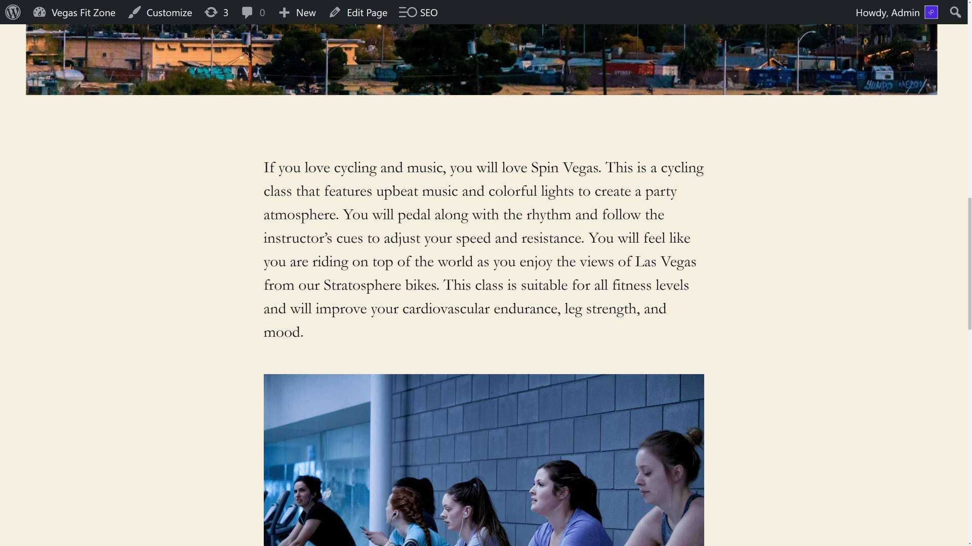 Fictive Spin Classes page in WordPress