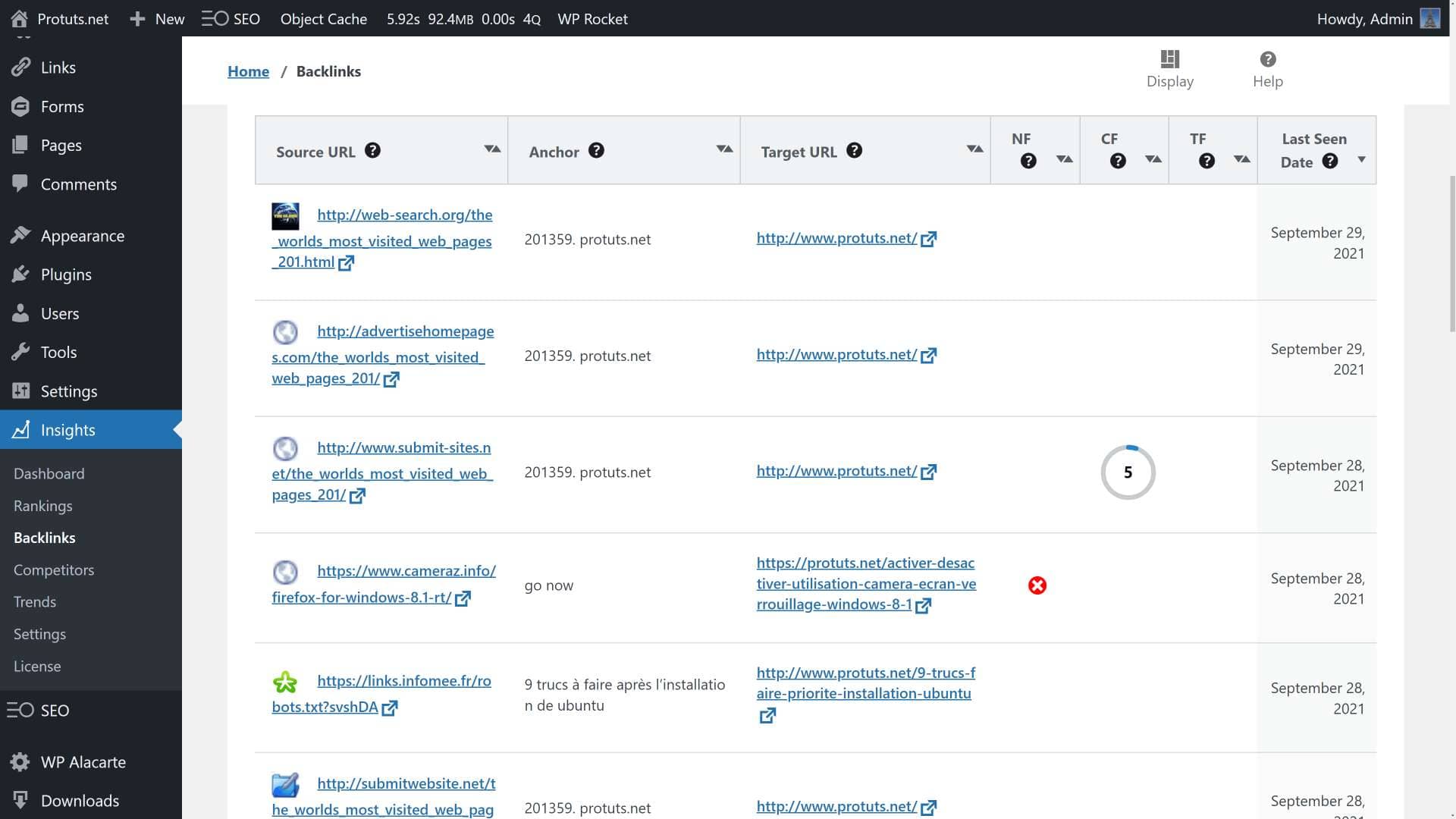 SEOPress Insights Backlinks report