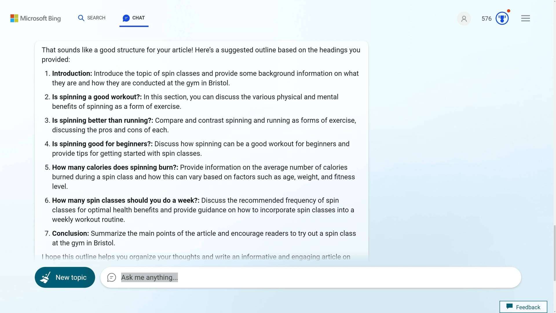 An example of how Bing Chat can help with structuring an article