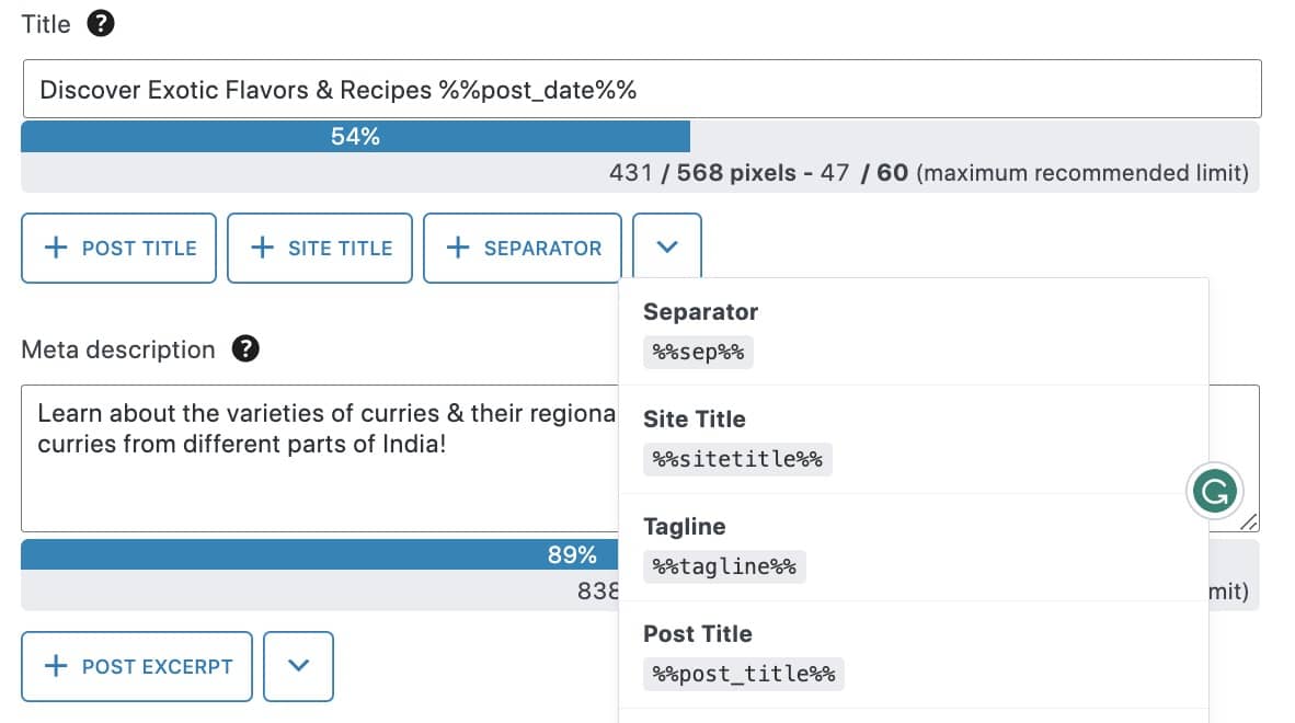 Dynamic variables, such as post date, display relevant information in search engine results.