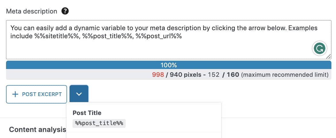 Dynamic variables, such as the Post URL, are available below the SEO metabox meta description field.