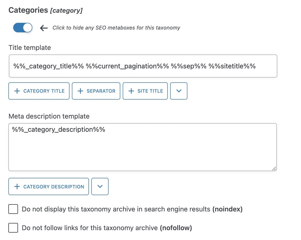 SEOPress allows you to create global title tags for taxonomies such as categories and tags.