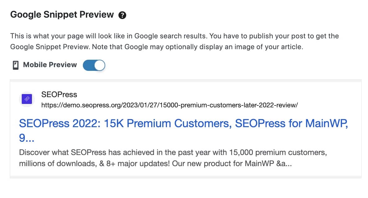The Google Snippet Preview shows your title tag, meta description, and URL as it will appear on Google Mobile or Desktop.