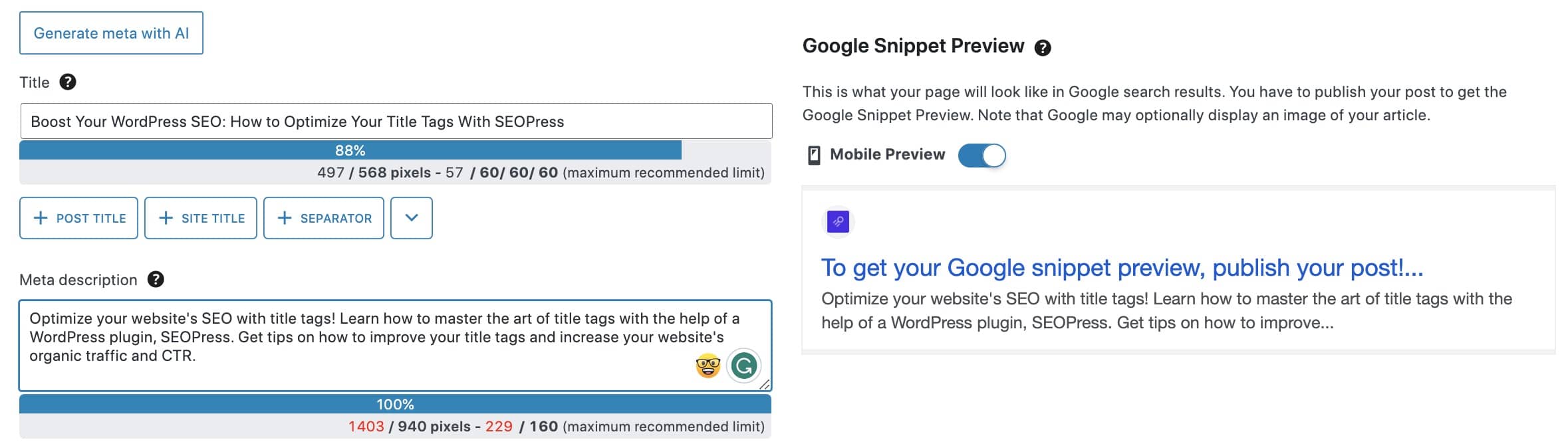 SEOPress PRO’s OpenAI integration generates automatic titles and meta descriptions.
