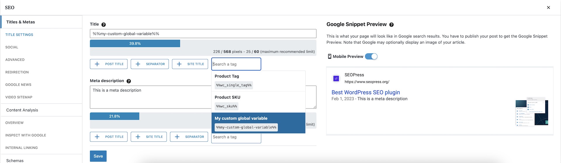 Custom dynamic variable in SEOPress Universal SEO metabox