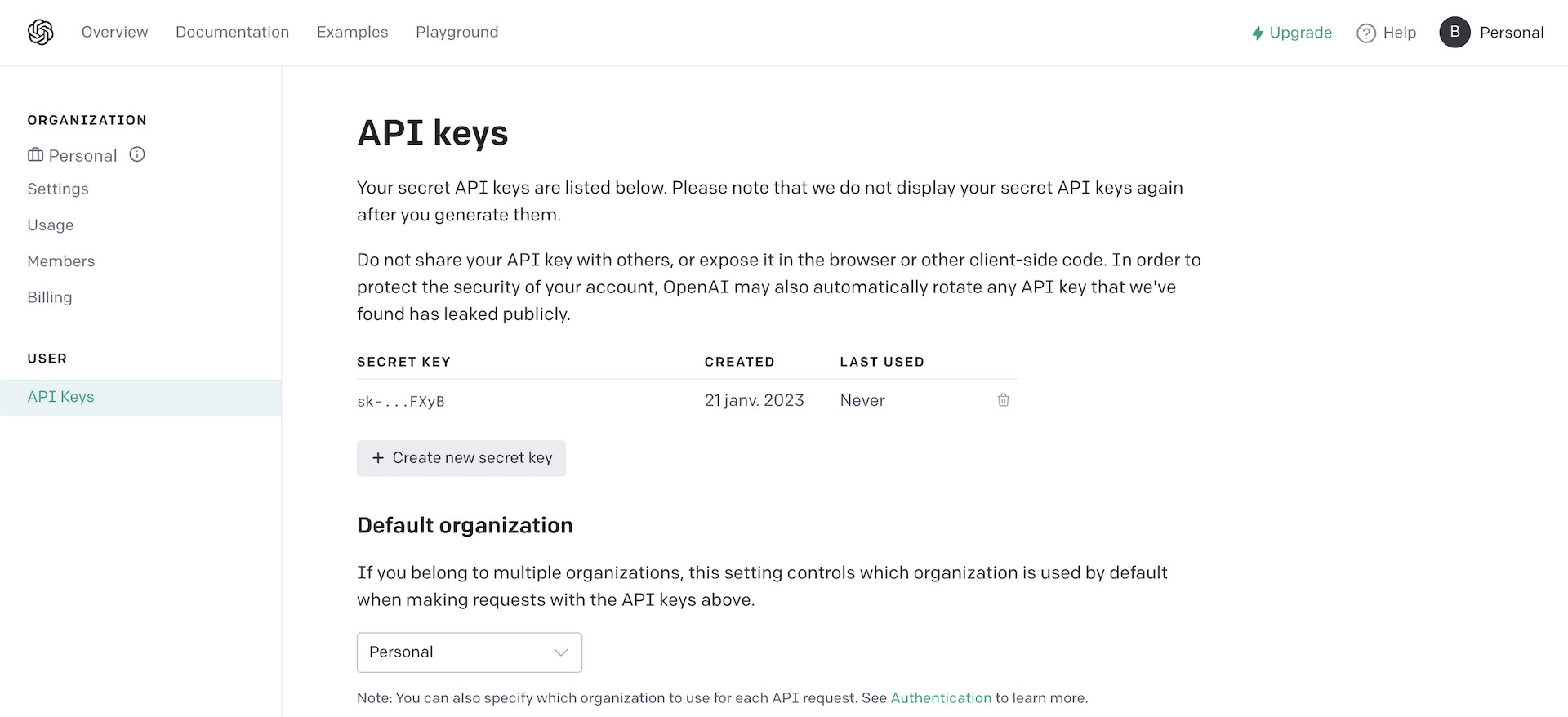 Create your secret API key in OpenAI