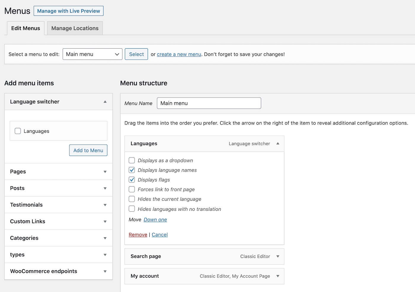 Polylang Language Switcher Settings