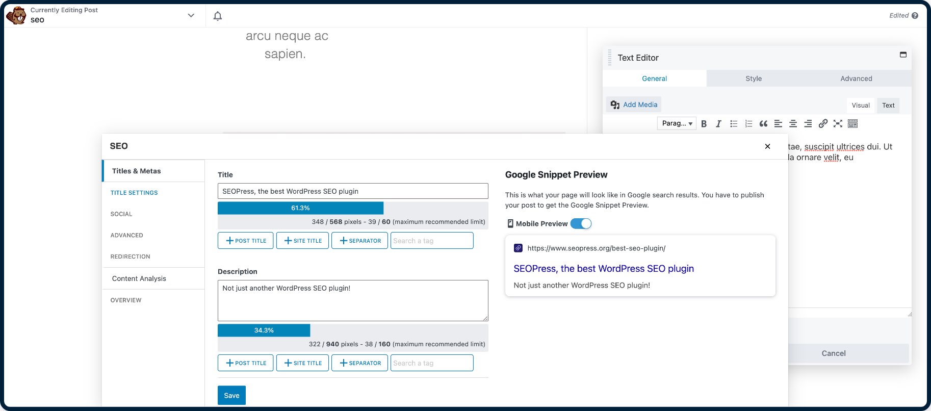 SEOPress integrated with Beaver Builder