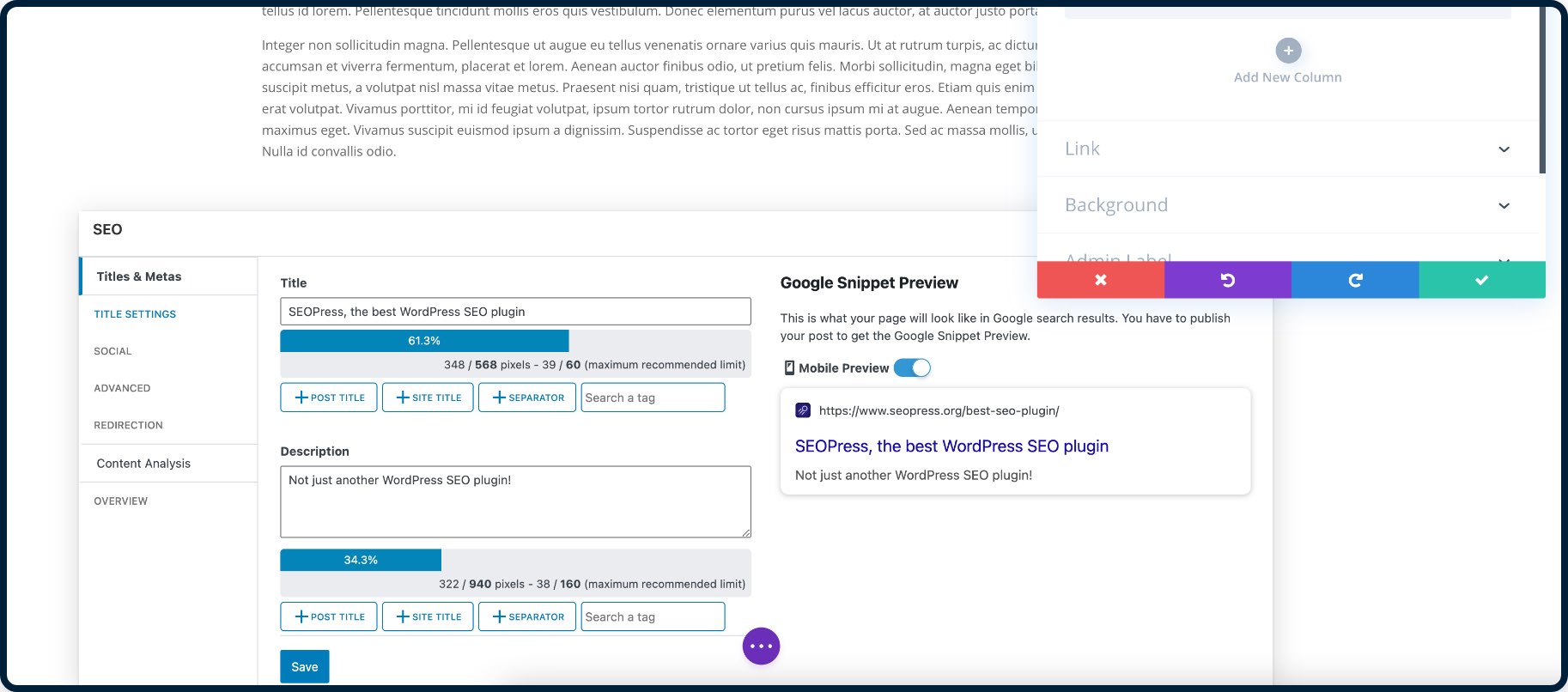 SEOPress integrated with DIVI page builder