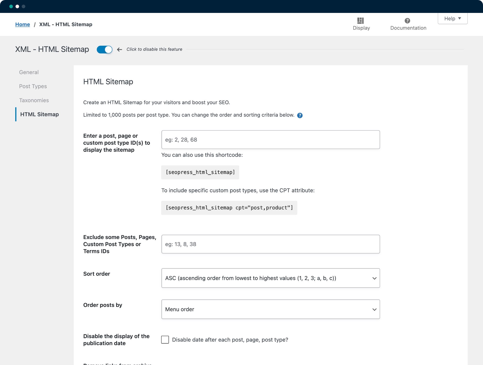 SEOPress HTML sitemap settings