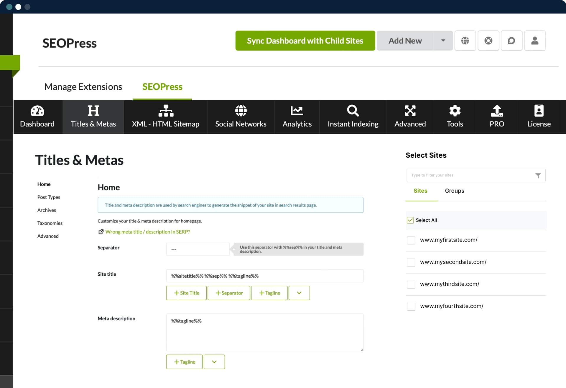 SEOPress para MainWP - Configuración de títulos y metas