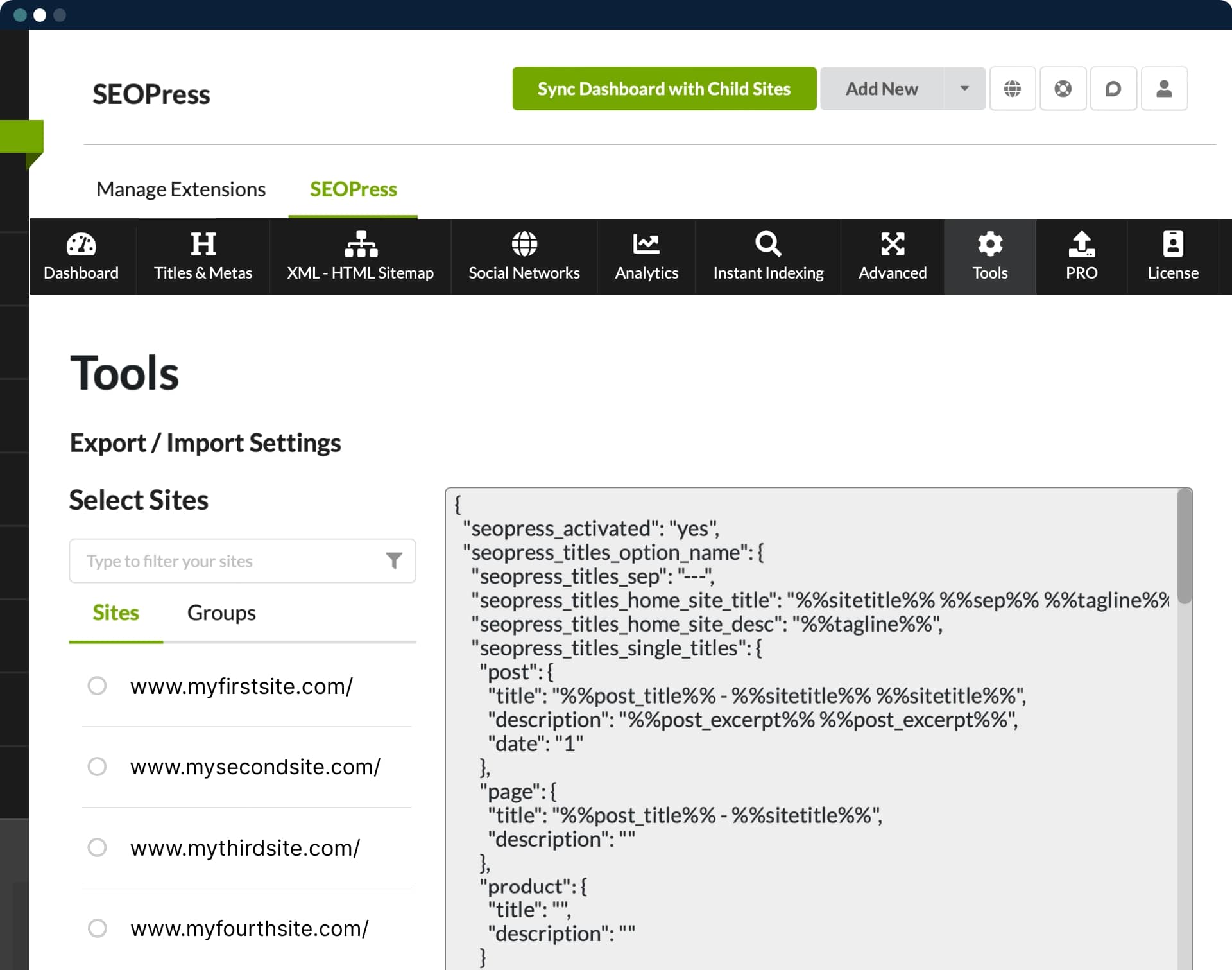 Réglages d'Import / Export SEOPress avec MainWP