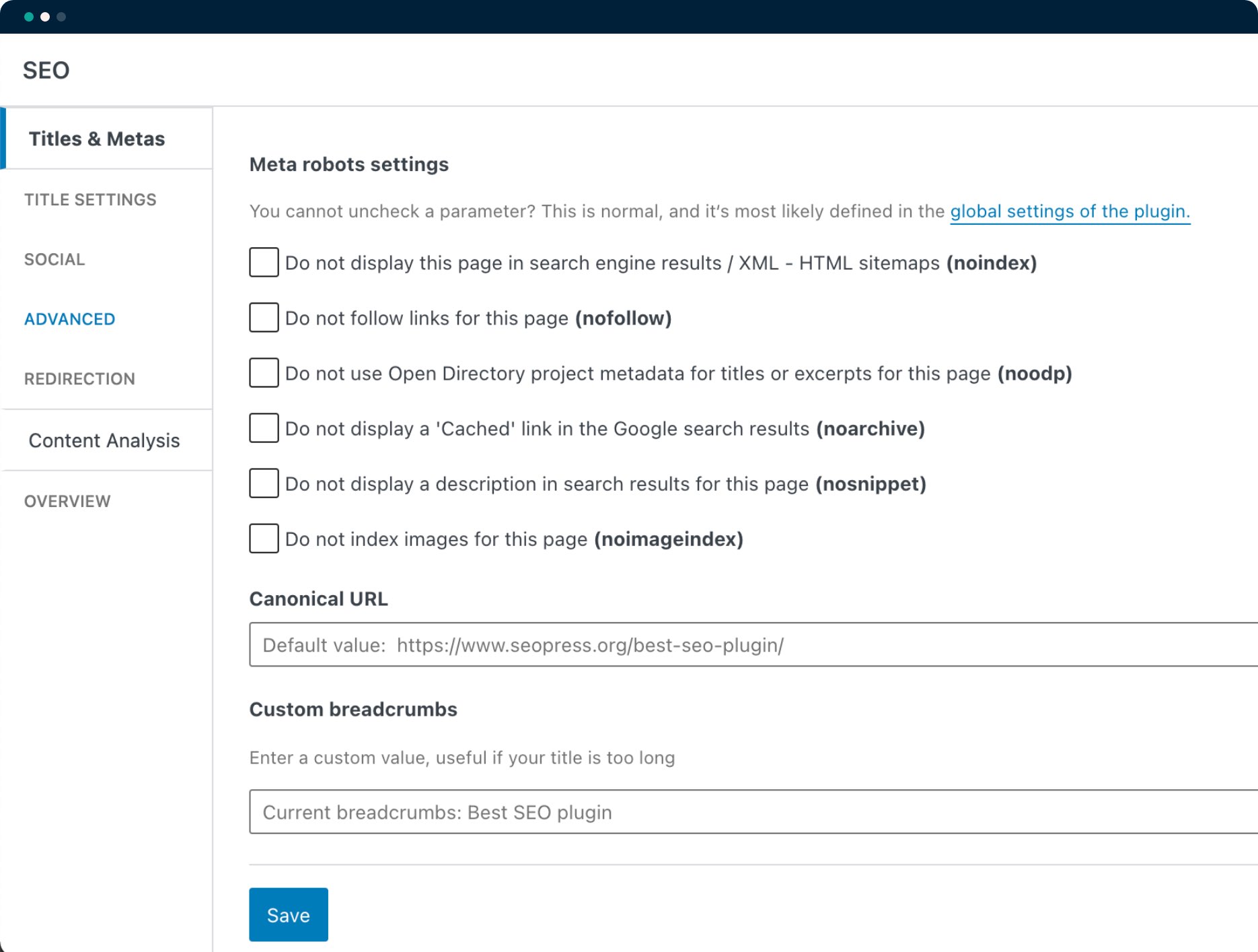 SEOPress canonical URL and meta robots settings