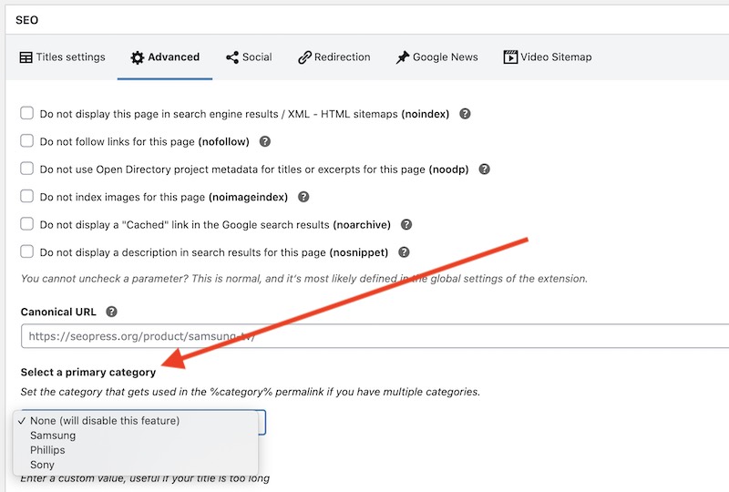 Set a primary product category with SEOPress
