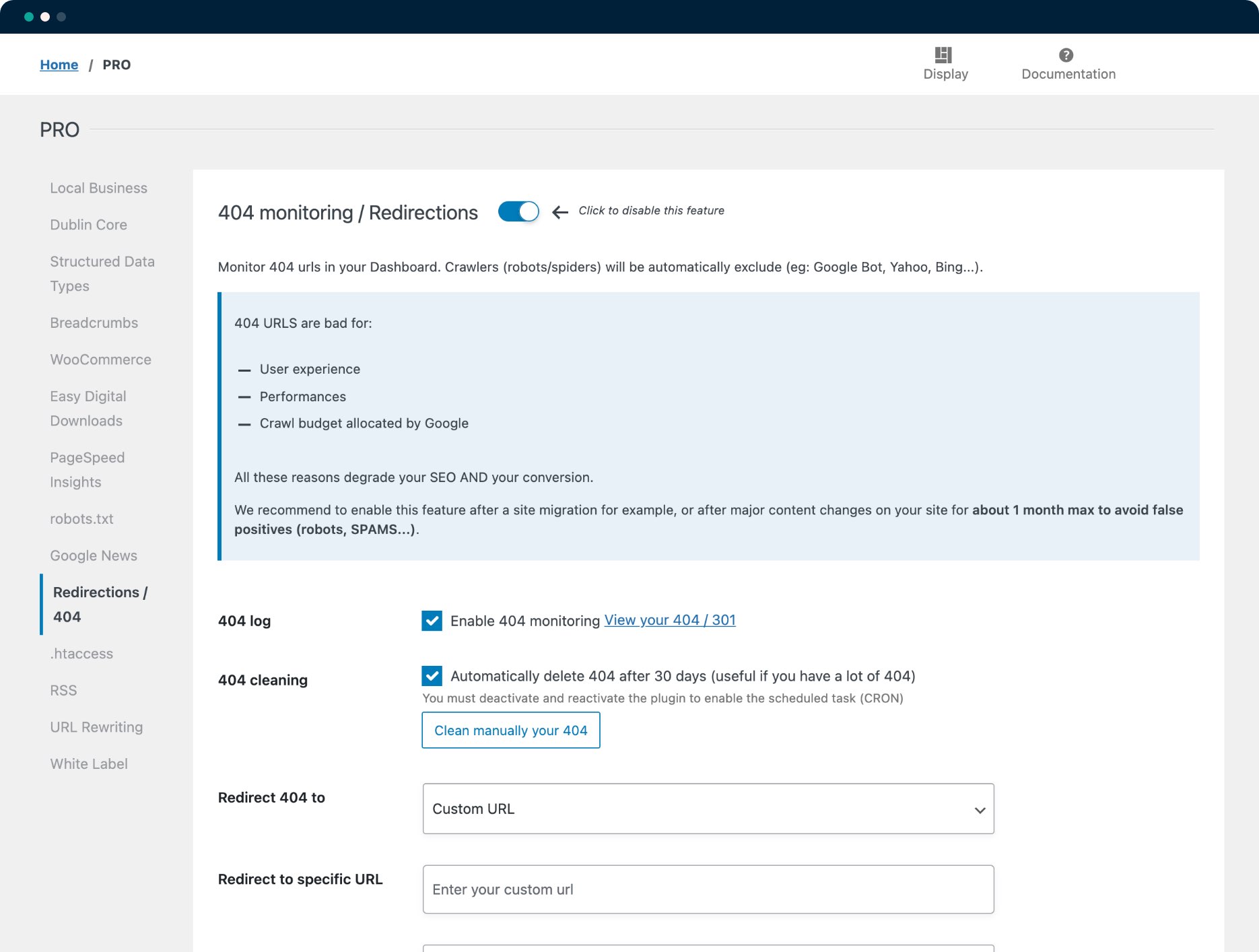 Redirections and 404 monitoring settings - SEOPress