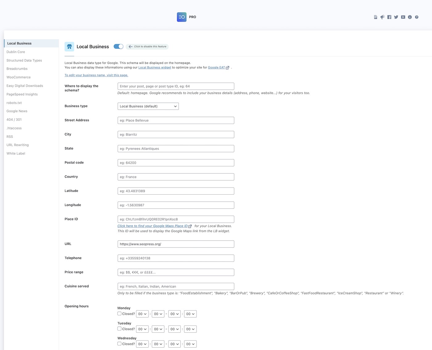 SEOPress - Schema Local Business