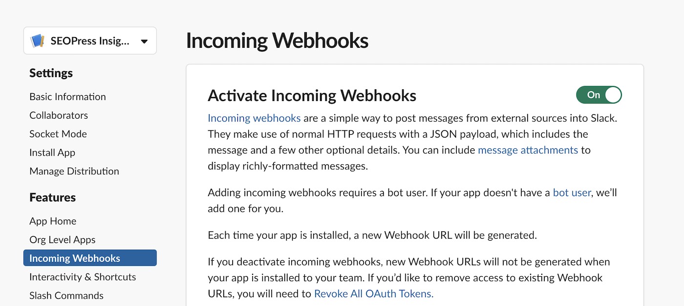 Slack Incoming webhooks settings - SEOPress Insights