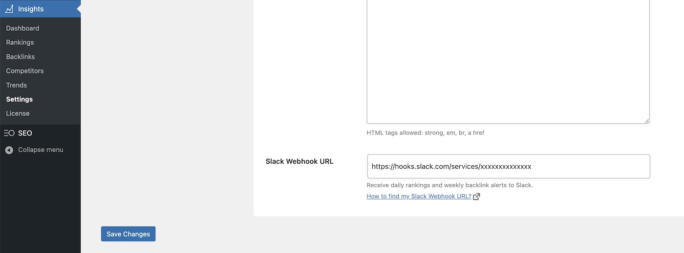 Slack Alerts - SEOPress Insights settings, Alerts tab