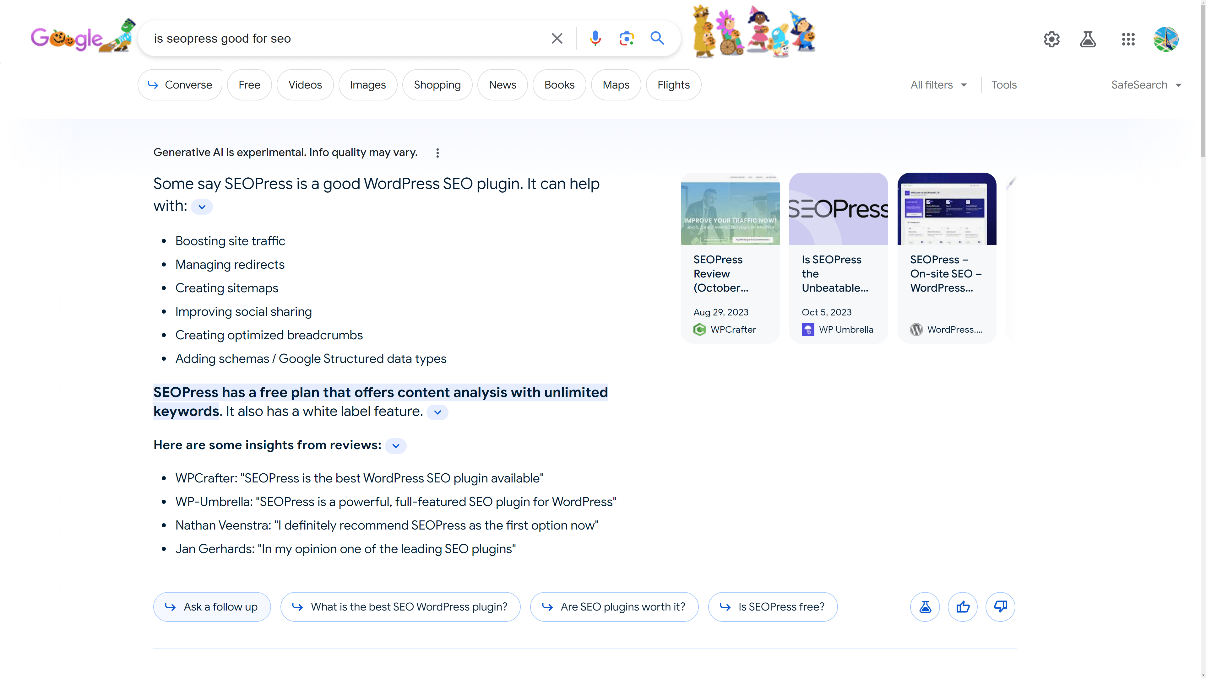 Example of Google SGE (October 31st)