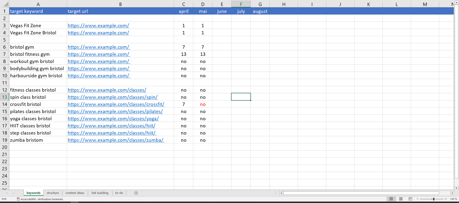 Example of a manual keyword ranking report in Excel
