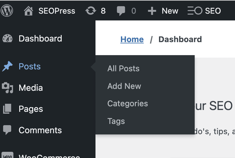 WordPress sidebar navigation for adding categories or tags.