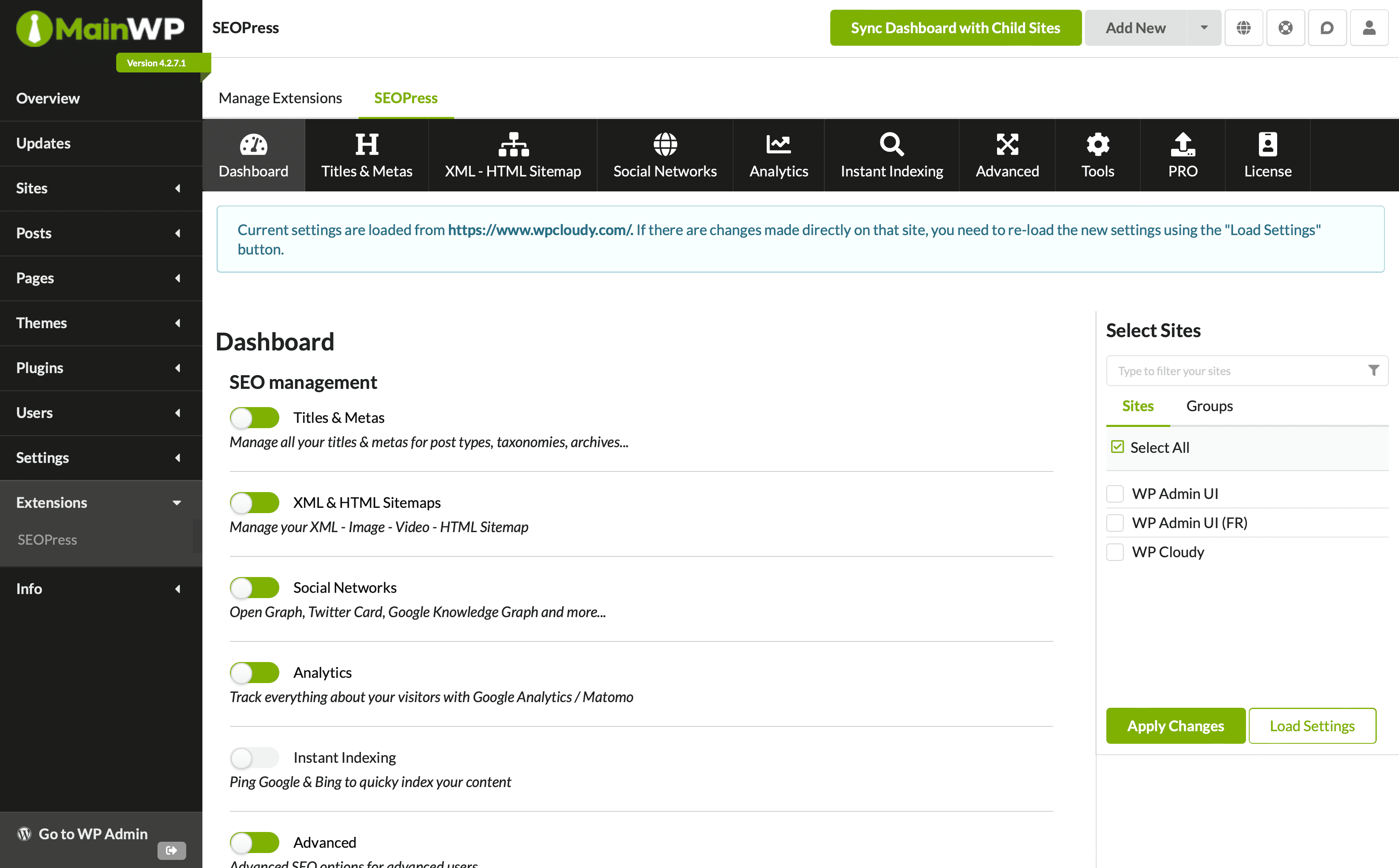 SEOPress Dashboard from MainWP