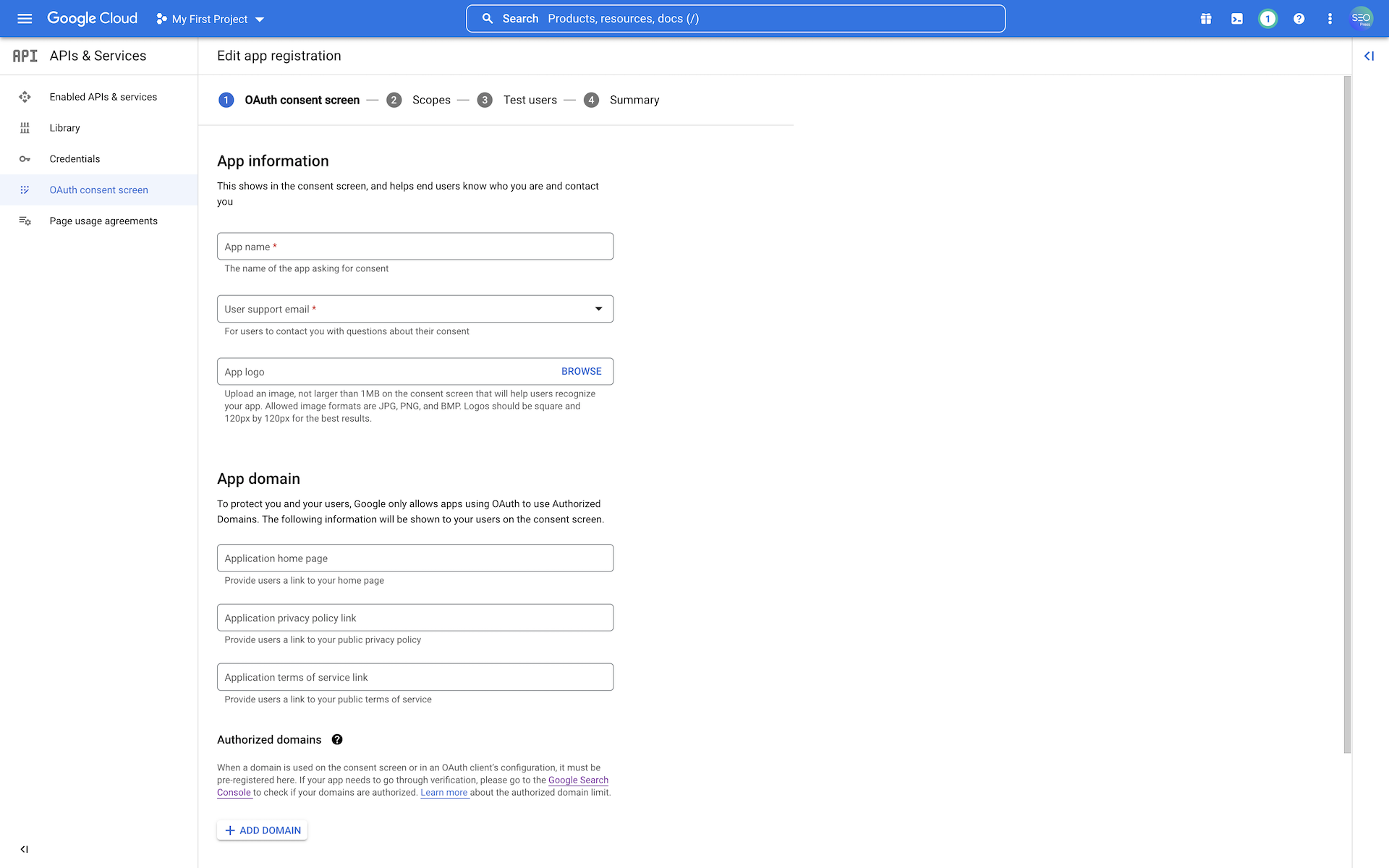 First step to create the OAuth consent screen - Google Cloud Console