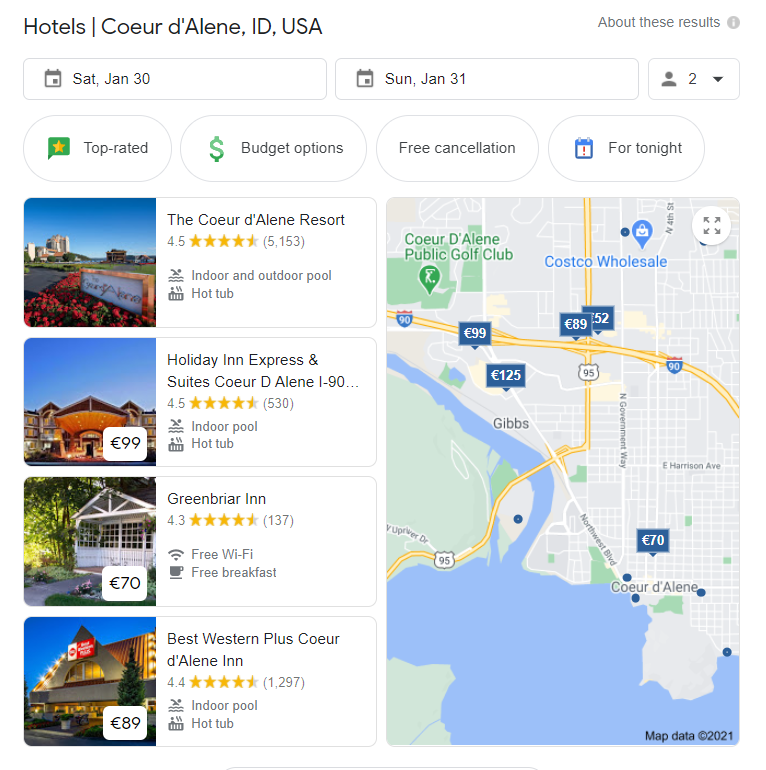 Google Hotel Search results in the SERPs