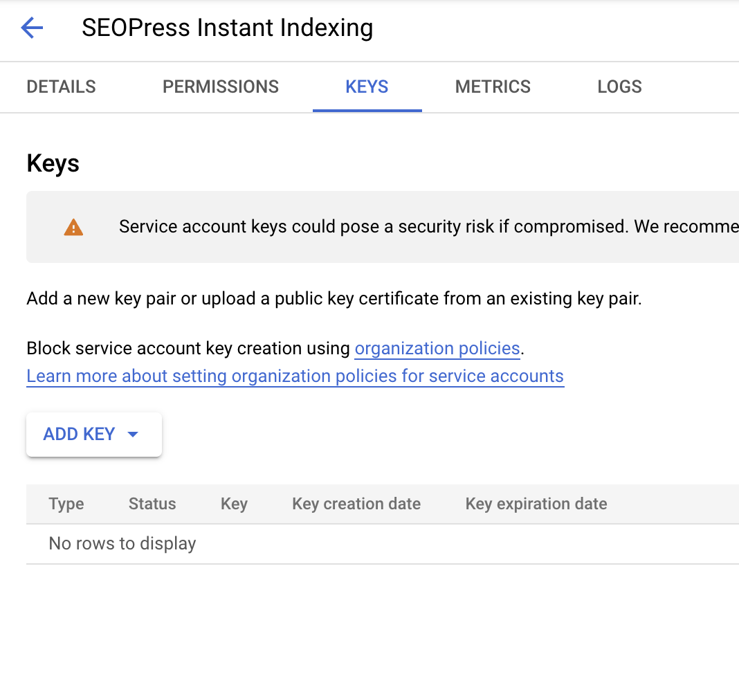 Service account edition, Keys tab - Google Indexing API