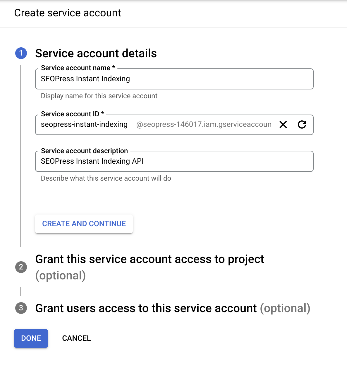 Create a service account - step 1