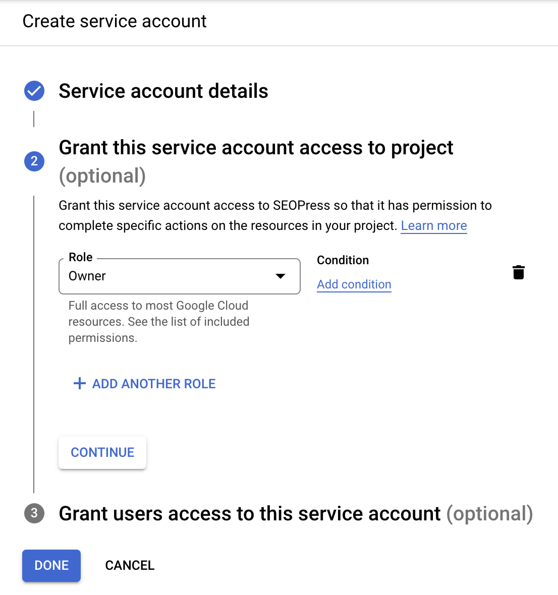 Create a service account - step 2