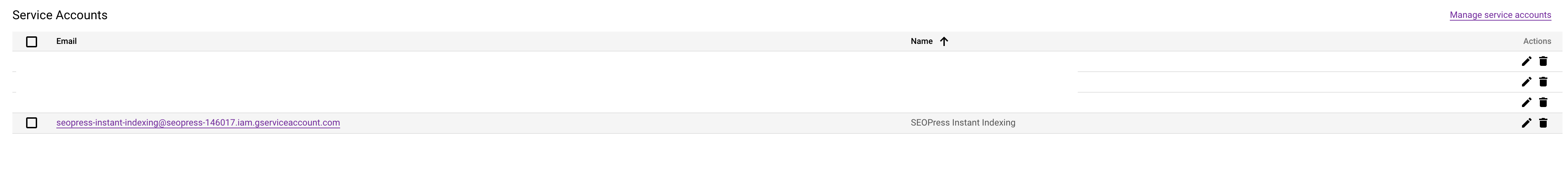 Service accounts list for Indexing API