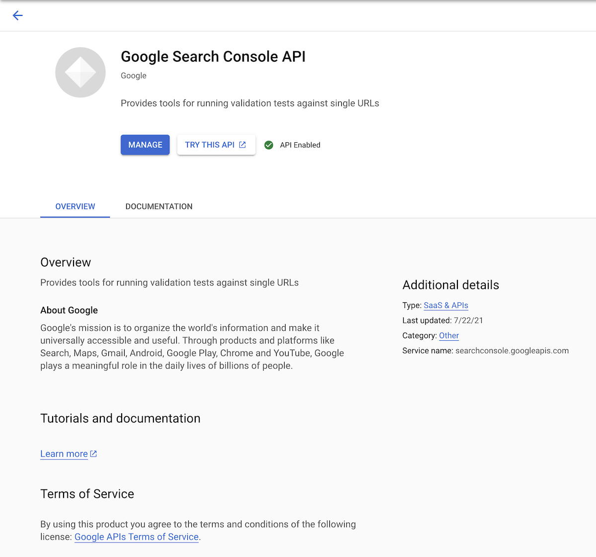 Activate Google Search Console API from Google Cloud Console