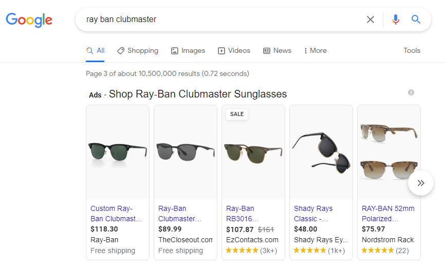 Screenshot of Google search results featuring Google Shopping