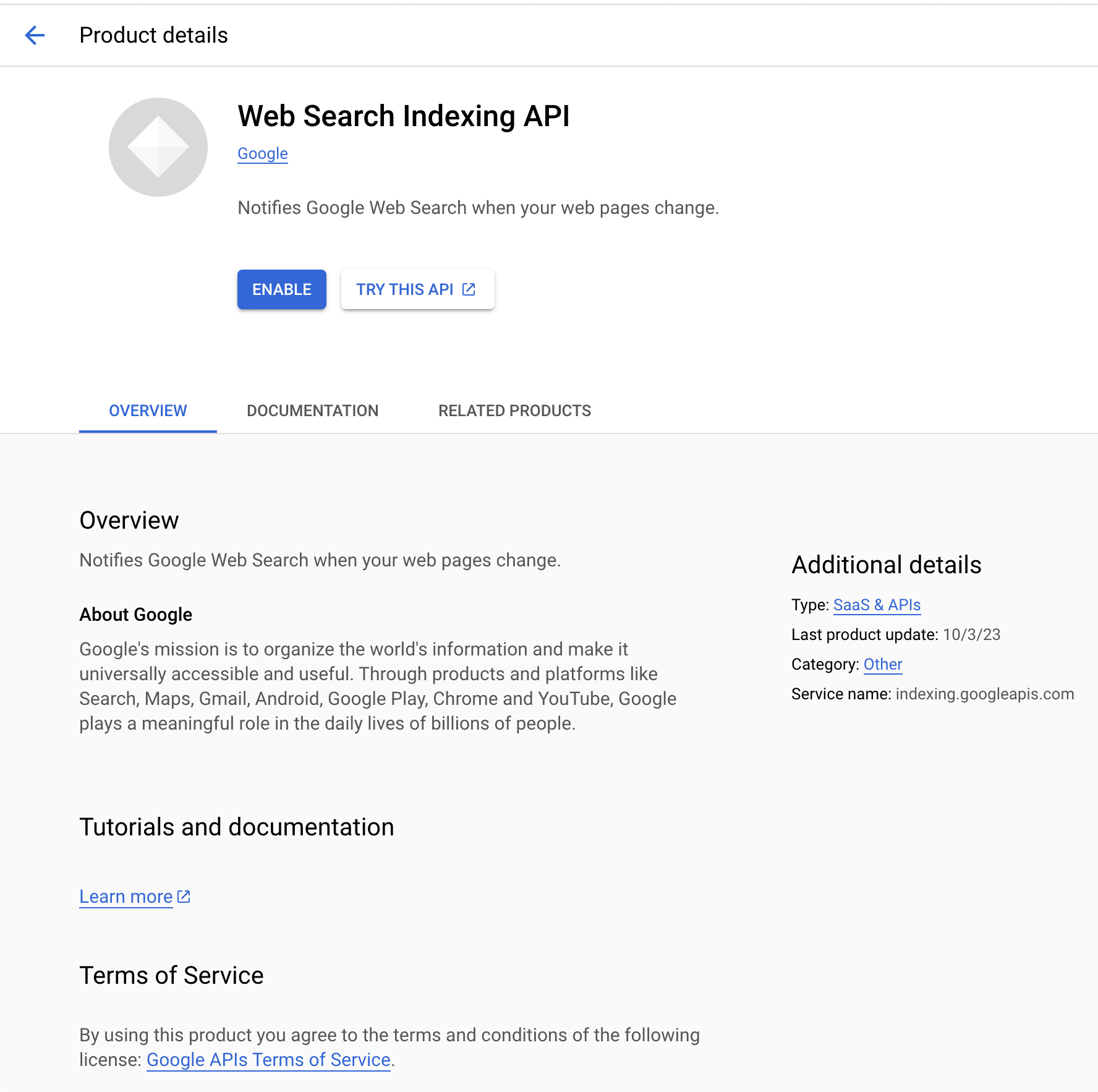 Google Indexing API activation
