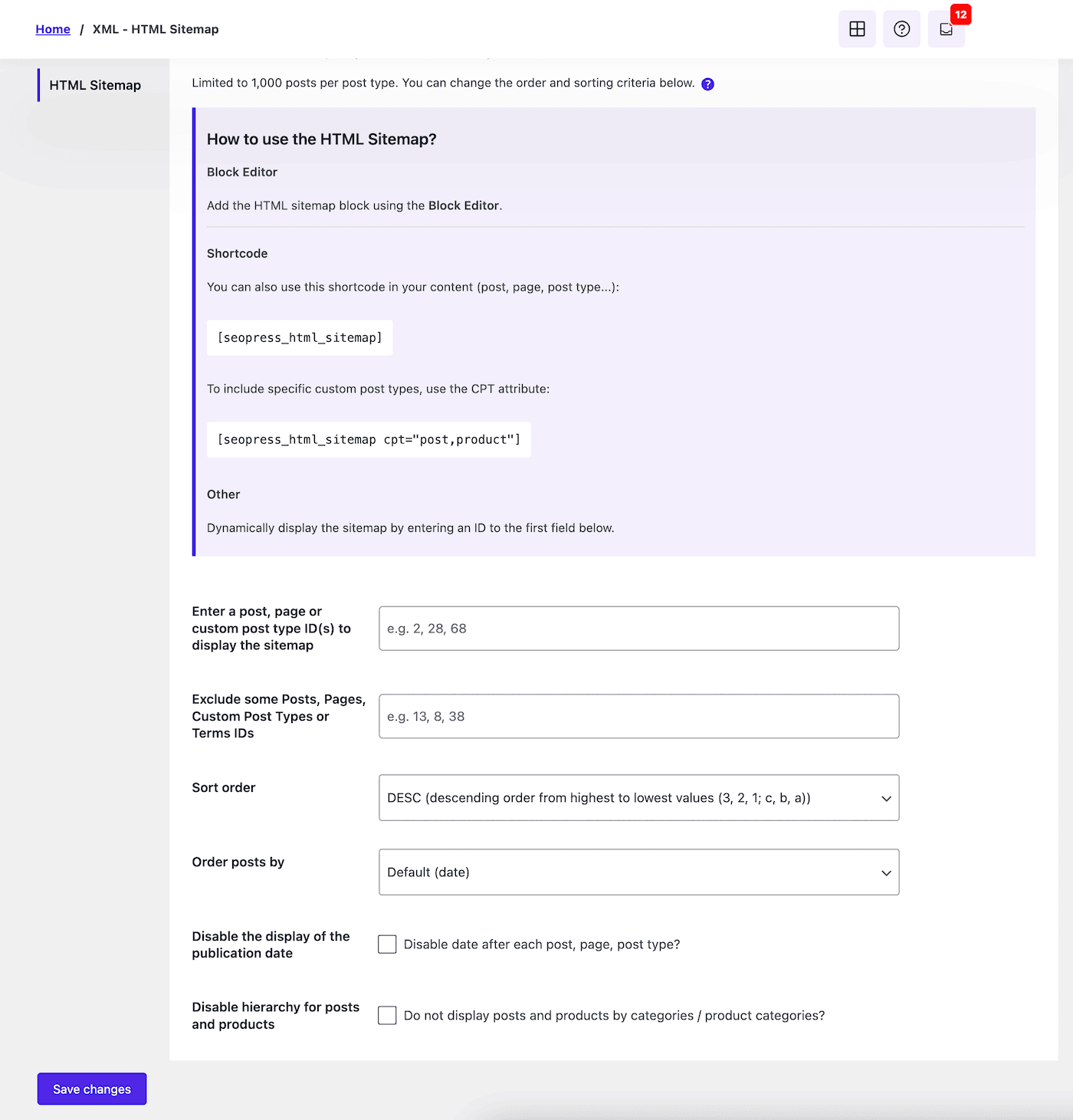 HTML sitemap settings - SEOPress