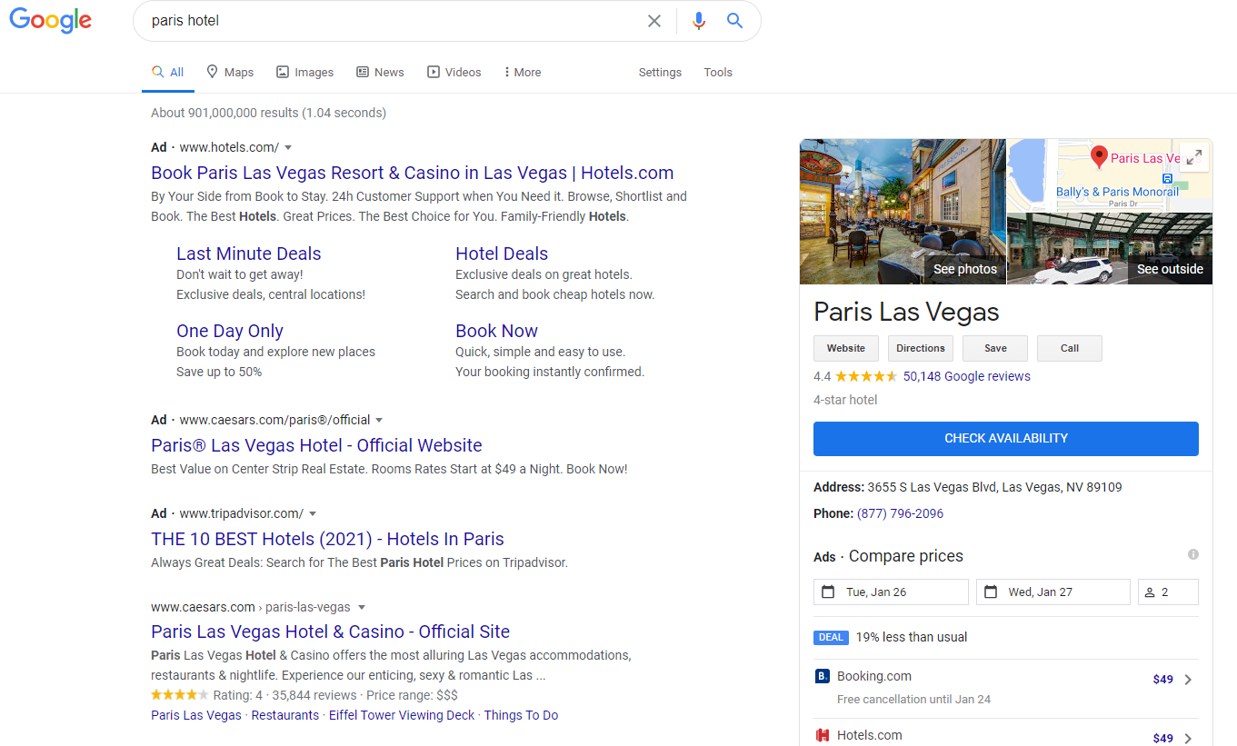 Search results for “Paris Hotel” as seen in Coeur d’Alene obtained using Brightlocal’s Local Search Results Checker