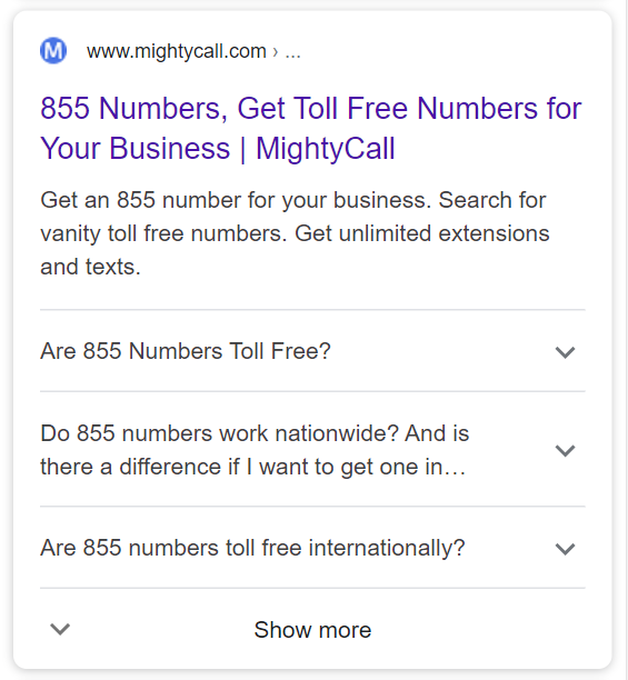 https://www.mightycall.com/855numbers/ using the FAQ schema