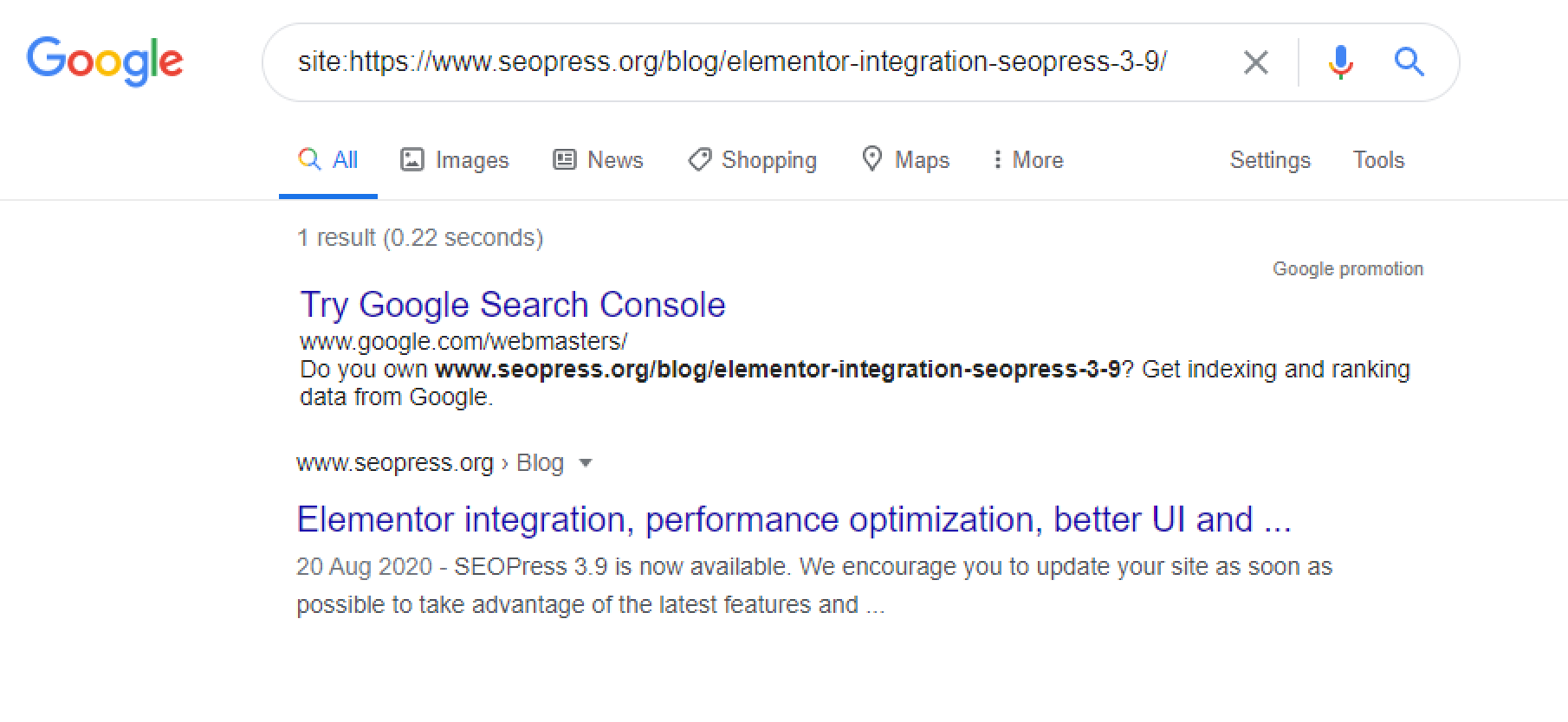 Search on Google using site:https://www.seopress.org/blog/elementor-integration-seopress-3-9/
