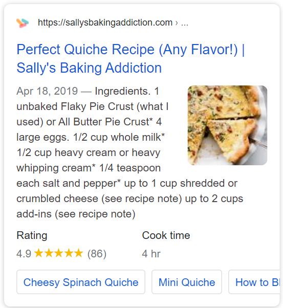 https://sallysbakingaddiction.com/quiche-recipe/ using the Recipe schema.