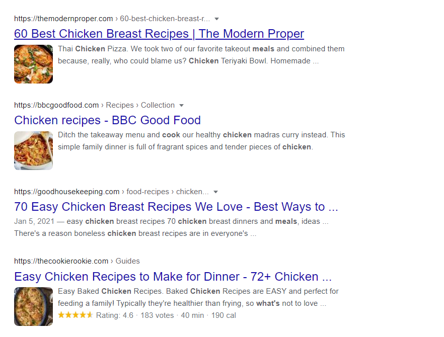 Google.co.uk search results. Three results have rich snippets from the Recipe schema. One does not.