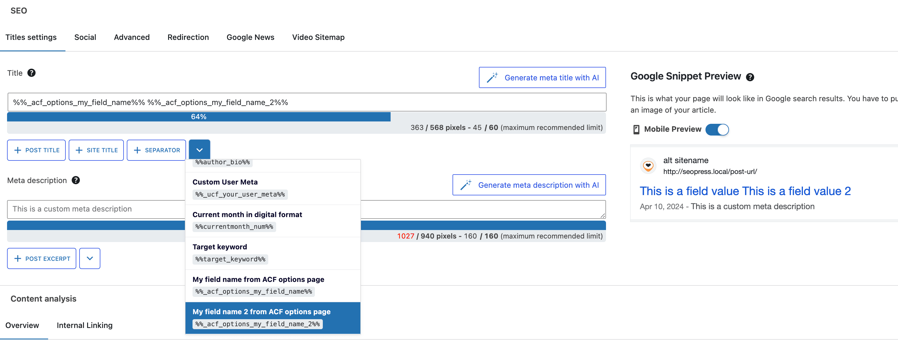Using ACF fields from options pages in the SEOPress metabox