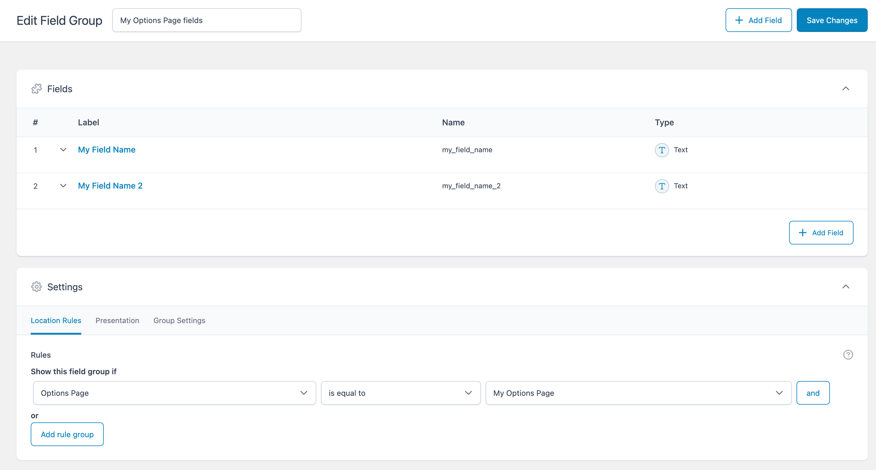 Creation of 2 text fields with Advanced Custom Fields