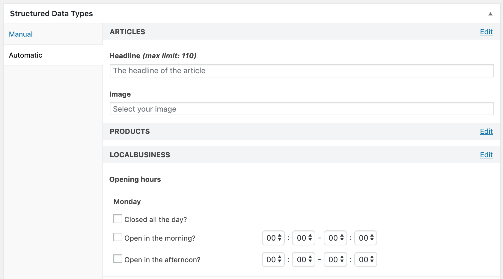 Screenshot - Structured data types metabox, automatic schemas tab