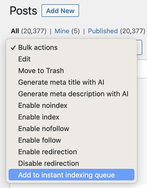seopress bulk actions instant indexing