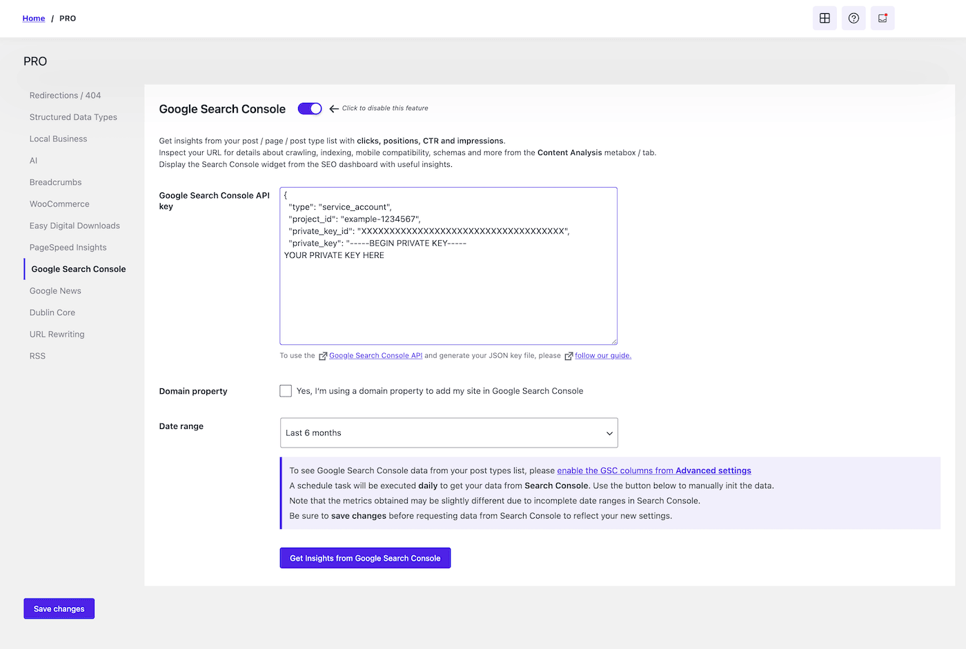 Google Search Console settings tab, SEOPress PRO