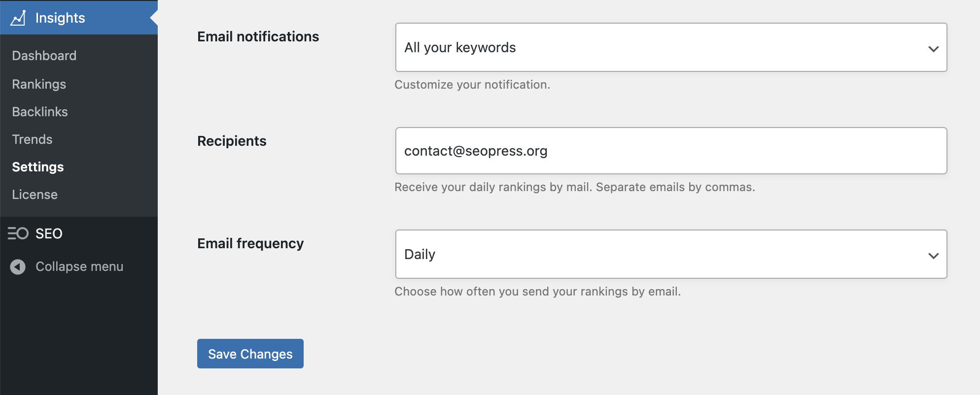 Email notifications settings - SEOPress Insights