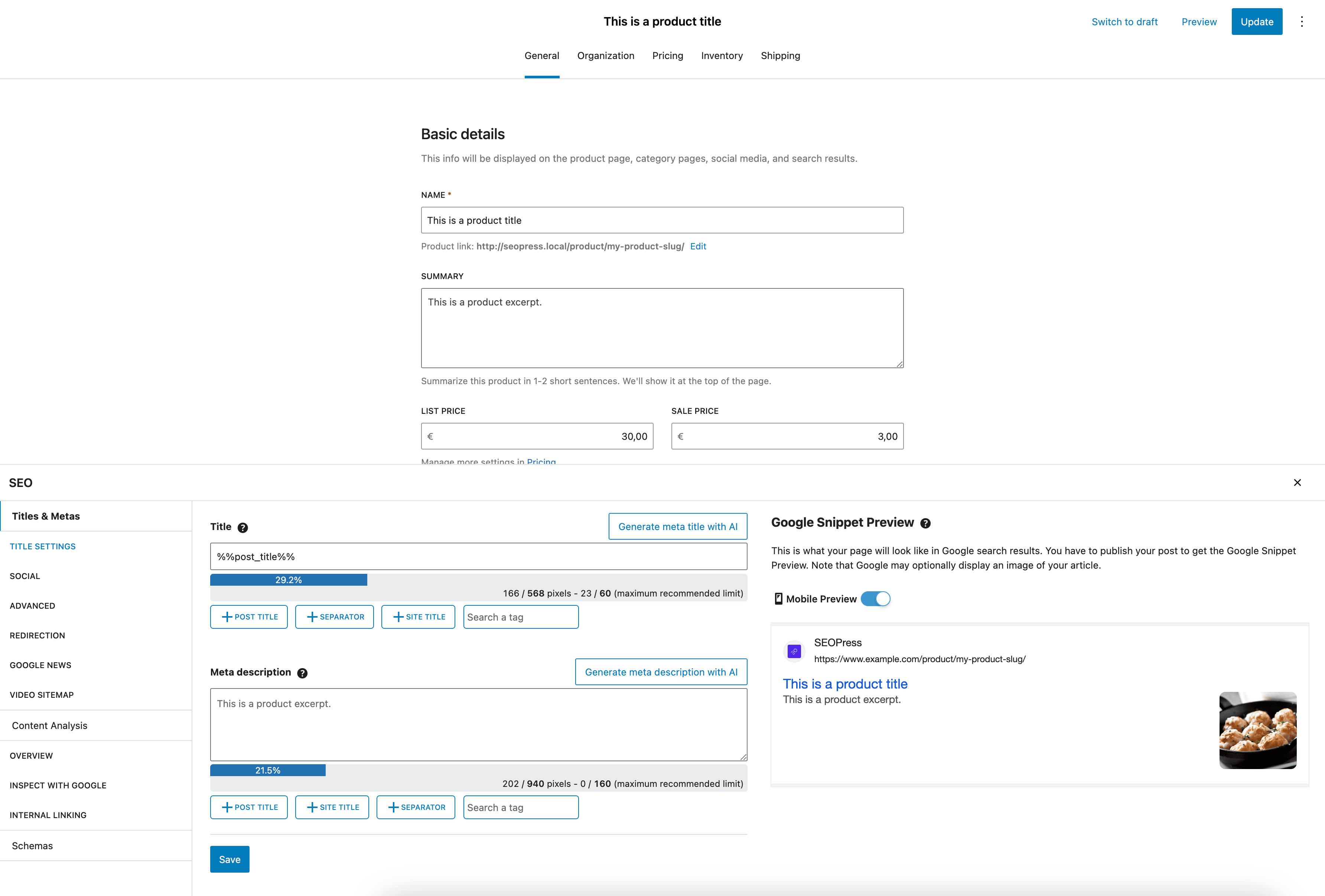SEOPress is already integrated with the new editor for WooCommerce