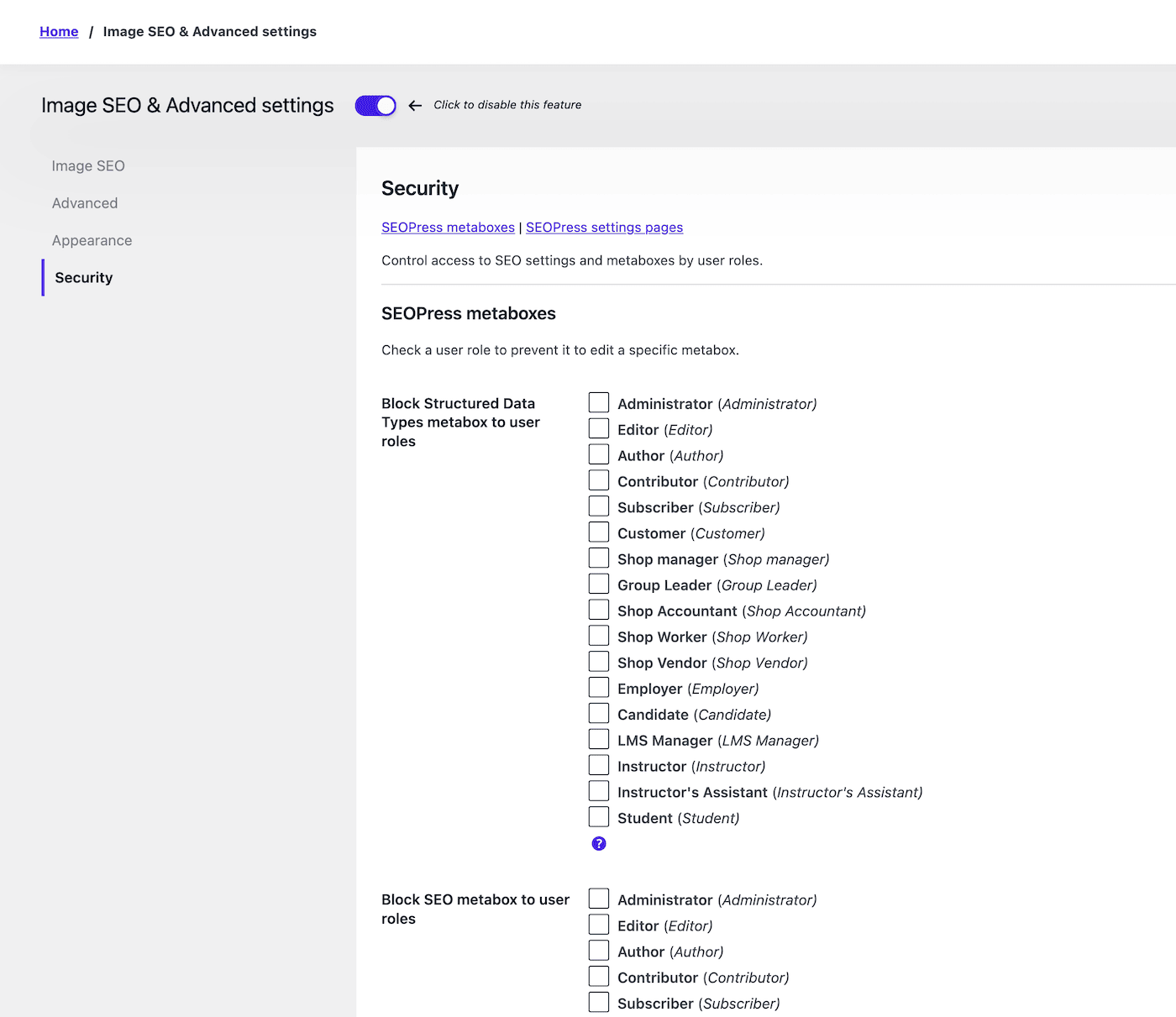 Configuración de seguridad de SEOPress