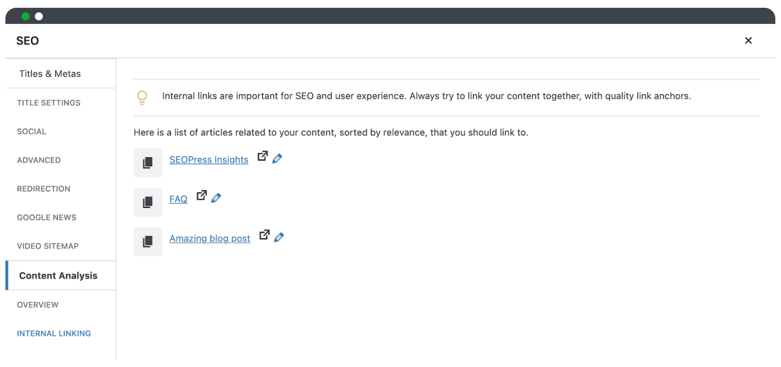 Universal SEO metabox now internal linking suggestions